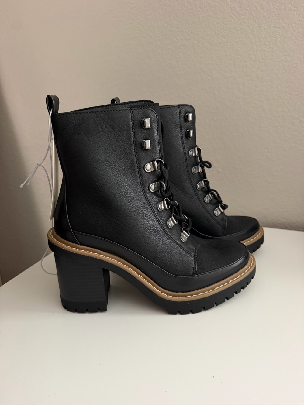 Target Black Lace-Up Chunky Heel Ankle Boots with Brown Trim
